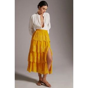 Anthropologie Tiered Lace Side-Slit Midi Skirt